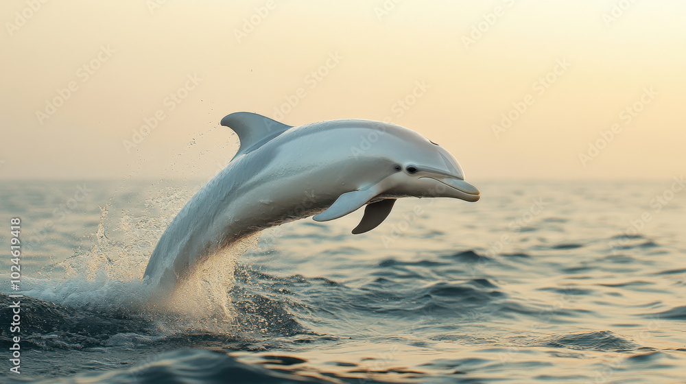 Fototapeta premium stunning albino dolphin leaps gracefully out of ocean at sunset, showcasing its unique white coloration against shimmering water. scene captures beauty and joy of marine life