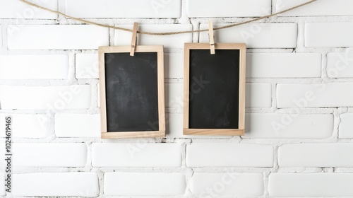 Small chalkboards mockups hanging near brick wall. Notice boards with rope and clothespins template advertising image. Blackboards mock ups in interior product photorealistic