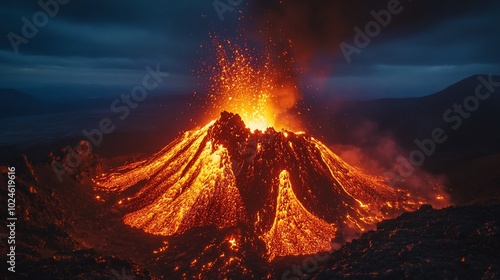 A dramatic eruption of a volcano at night, spewing lava and ash into the air.