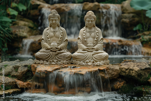 mindfulness, two stone statues of buddha sitting cross legged, meditating, standing on rocks of small waterfall, zen garden style, lush greenery in blurred background, photorealistic photo