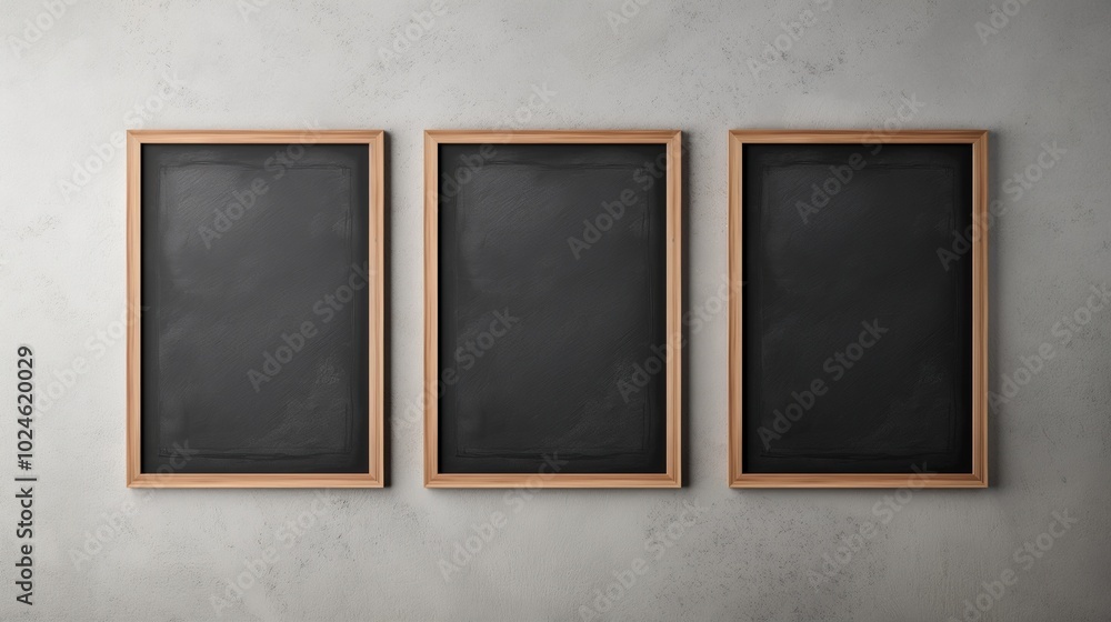 Vertical blackboards mockups on concrete wall. Framed info boards set in room interior template advertising image. Composition of school chalkboards mock up product photorealistic Vertical blackboards mockups on concrete wall. Framed info boards set in room interior template advertising image. Composition of school chalkboards mock up product photorealistic