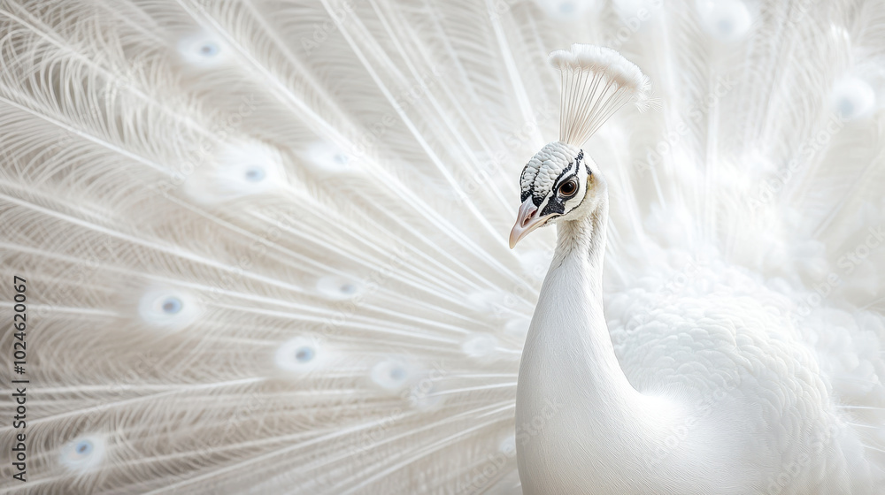 Fototapeta premium Elegant white peacock with open feathers showcasing intricate patterns and beauty. This stunning bird captivates with its graceful presence and delicate features