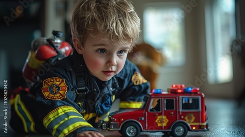 Toddler Firefighter Playing with Toy Fire Truck Imaginative Play Childhood Dream