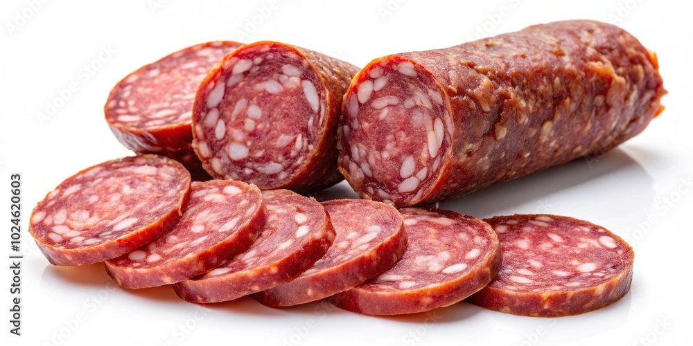 Slices of salami and chorizo sausage on white background Slices of salami and chorizo sausage on white background