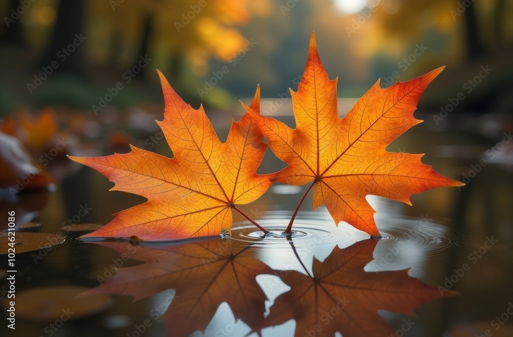 Autumn leaves close up with drops after, floating on the river Autumn leaves close up with drops after, floating on the river