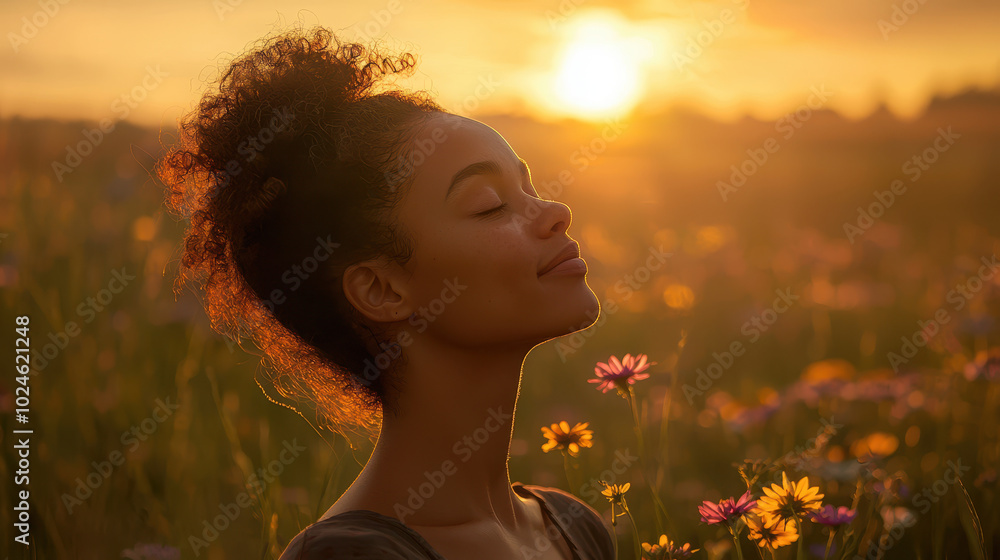 Naklejka premium Woman enjoying a peaceful moment outdoors in a field of flowers during a beautiful sunset, with eyes closed and a serene expression