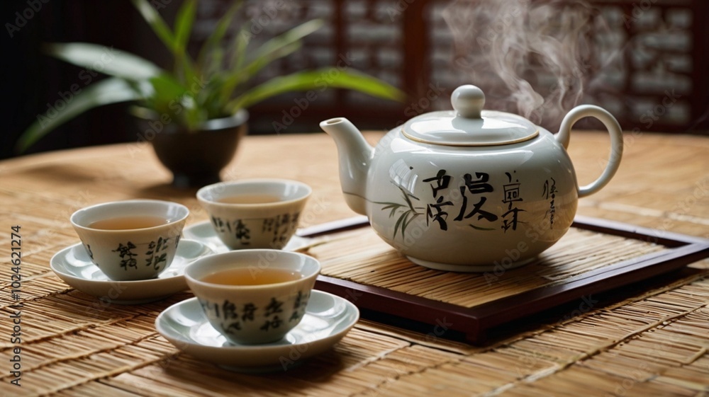 Fototapeta premium A traditional Chinese tea set with a small porcelain teapot and delicate teacups