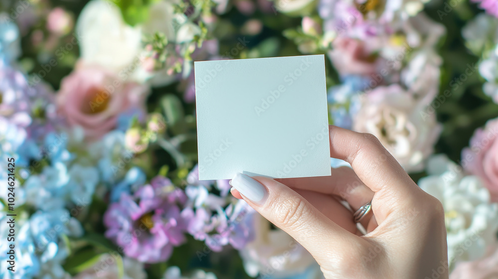 Hand holding a blank card in front of a colorful floral arrangement with various flowers and greenery in soft focus background Hand holding a blank card in front of a colorful floral arrangement with various flowers and greenery in soft focus background