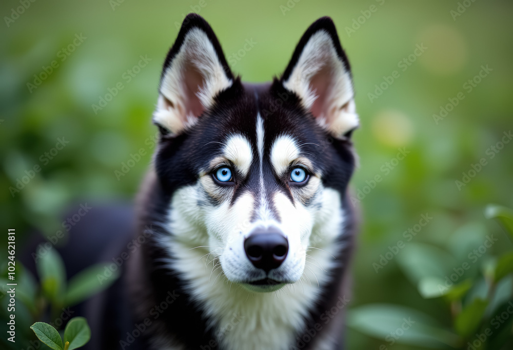 A striking portrait of a blue-eyed Siberian Husky in a verdant setting. A striking portrait of a blue-eyed Siberian Husky in a verdant setting.