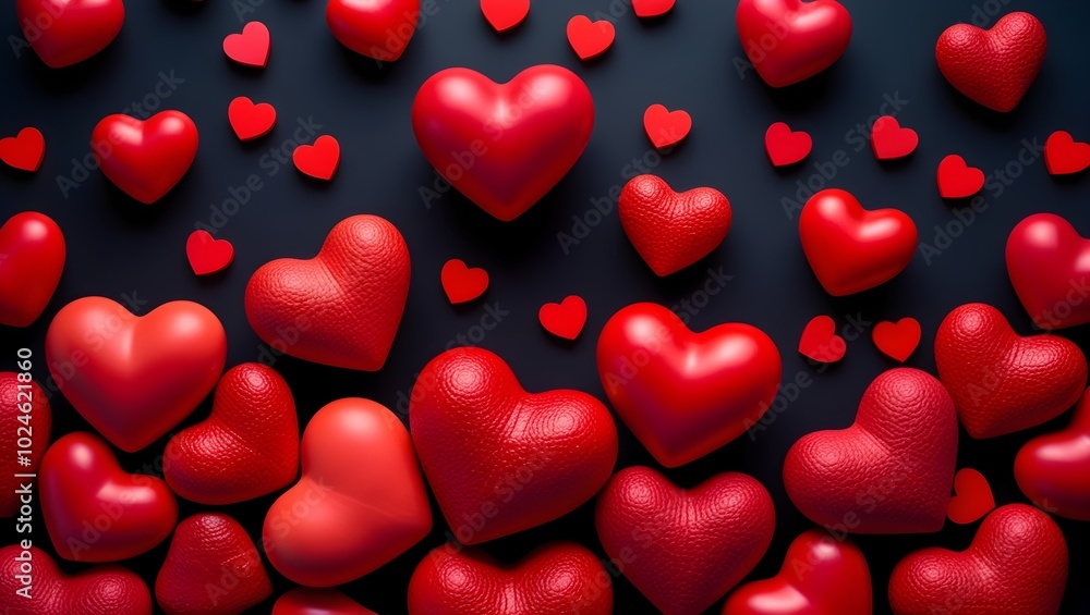 A romantic pattern of red hearts on a black background, perfect for Valentine's Day decorations and celebrations