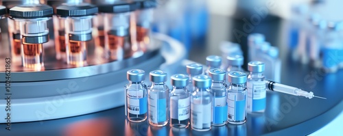 Close-up of a vaccine development process, featuring vials, syringes, and biological samples in a research lab photo