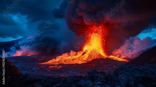 A volcano erupts at night, spewing lava and smoke into the sky, creating a fiery spectacle against the backdrop of a dark, stormy sky.