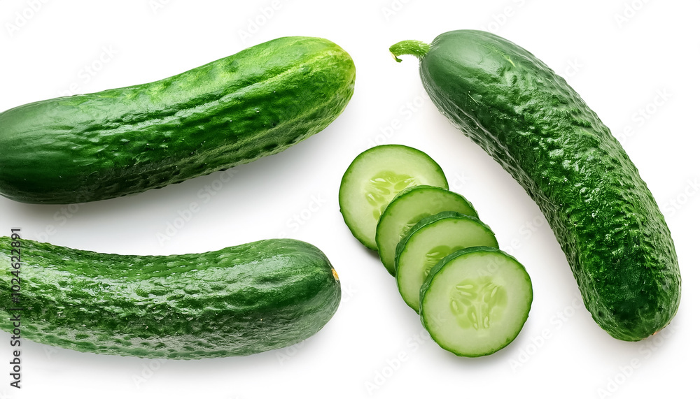 Green cucumber with slices and green leaves, either whole or halved, isolated on a white background Green cucumber with slices and green leaves, either whole or halved, isolated on a white background