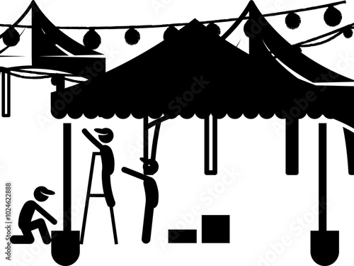 Untitled designSilhouette of a market scene with people setting up stalls and tents, indicating outdoor activities and commerce - 1 photo