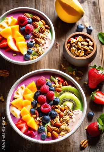 vibrant smoothie bowls overflowing bright assortment colorful toppings refreshing morning treat, acai, breakfast, banana, berry, coconut, dessert, dish