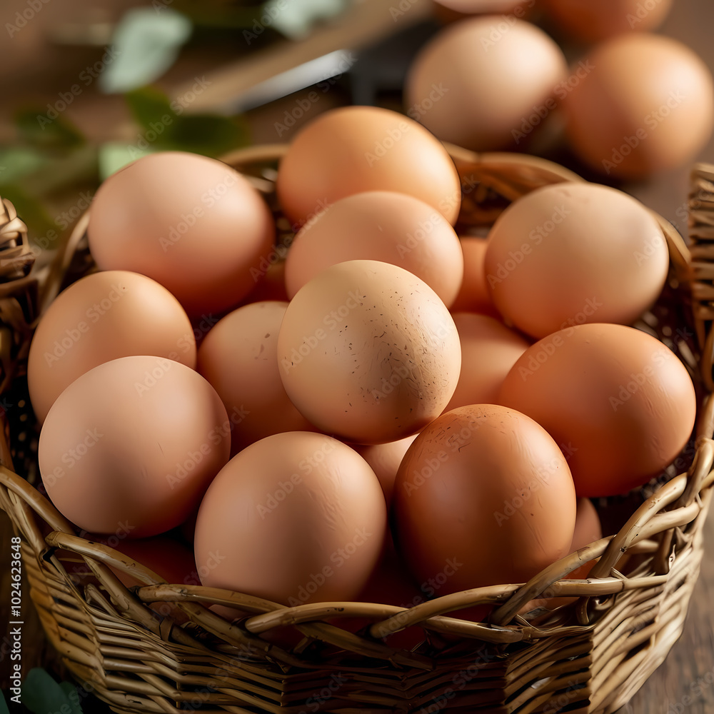 A basket filled with various eggs resting on a rustic wooden table. A basket filled with various eggs resting on a rustic wooden table.