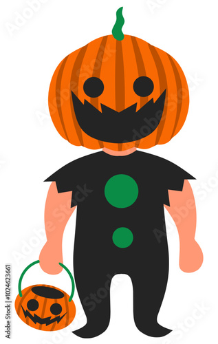 Trick or treat jack o lantern head carrying candy bucket. Halloween. Colored HD illustration SVG format vector graphic, editable 5 colors