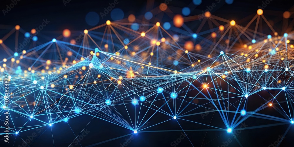 Fototapeta premium Abstract digital network with glowing points connected by lines creating a complex web of information and communication