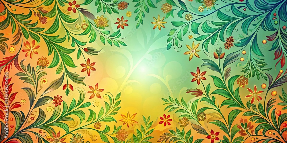 Smooth abstract decorative foliage and floral patterns on a colorful background Bird Eye View Smooth abstract decorative foliage and floral patterns on a colorful background Bird Eye View