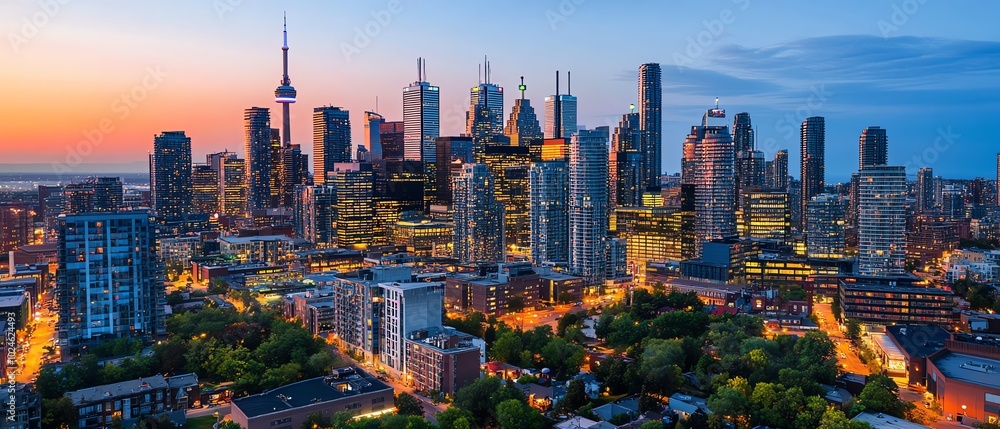 Fototapeta premium Panoramic cityscape showcasing global news headlines, fused with vibrant culinary arts, illuminated by stunning lighting techniques