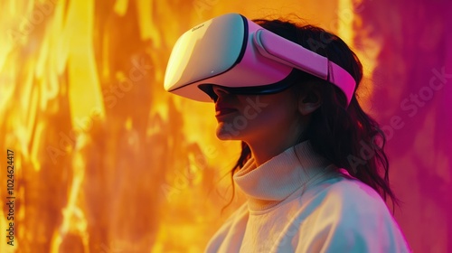 Young woman wearing a VR headset with a fire-like background, exploring the virtual world.
