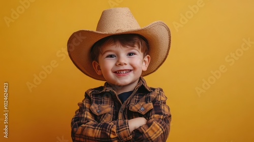 Little Boy Dressed as a Cowboy Whistling with a Toy Gun in a Playful Outdoor Setting for Fun and Imagination