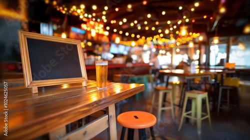 Wallpaper Mural Blackboard mockup and beer glass on bar counter. Pub special offer signboard template advertising image. Framed chalkboard mock up in empty restaurant interior product photorealistic Torontodigital.ca