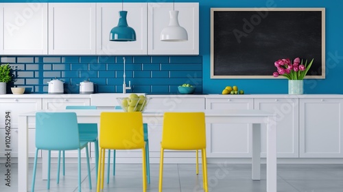 Stylish kitchen design with blackboard mockup. Home interior with modern furniture and display template advertising image. Chalkboard mock up indoors product photorealistic