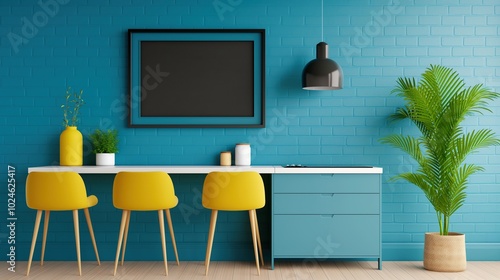 Chalkboard mockup over dining table in kitchen. Minimalist home interior with info board template advertising image. Framed blackboard mock up on wall product photorealistic