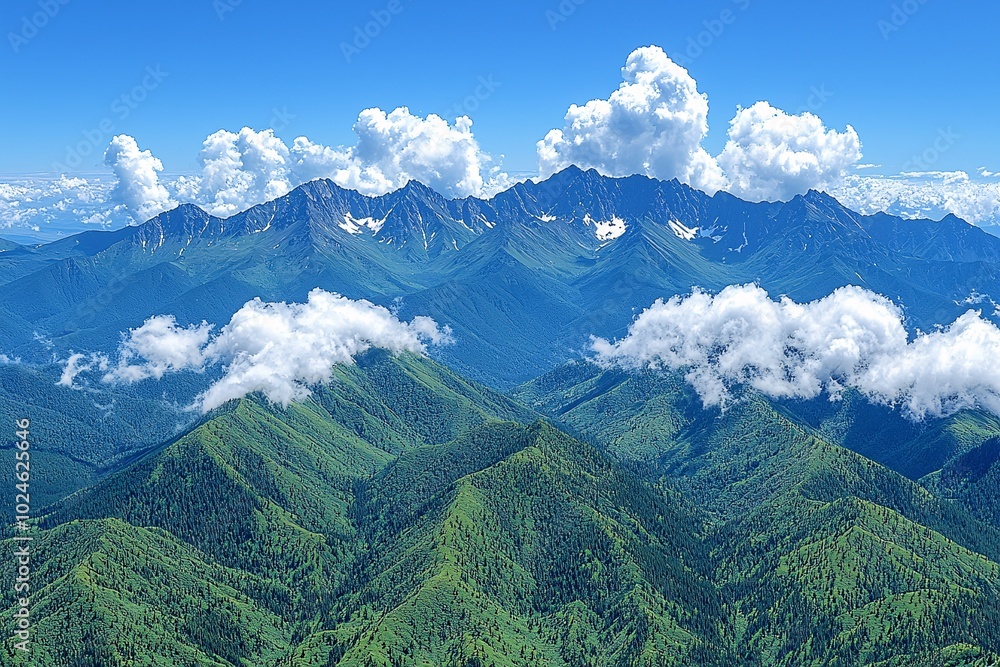Obraz premium Majestic Mountain Range with Snowy Peaks and Fluffy Clouds in Blue Sky