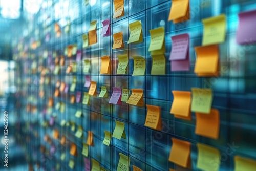 A Wall Covered in Yellow, Pink, and Green Sticky Notes