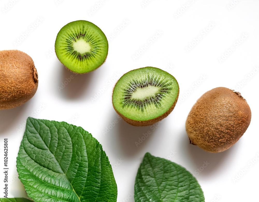 Fototapeta premium kiwi and green leaves, either whole or halved, isolated on a white background