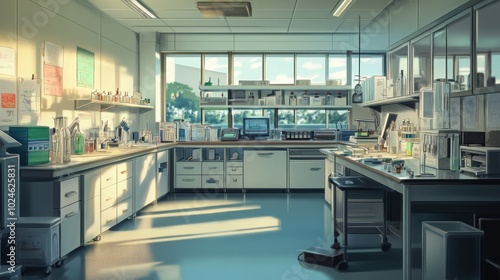 A bright, modern laboratory filled with scientific equipment and supplies for research.