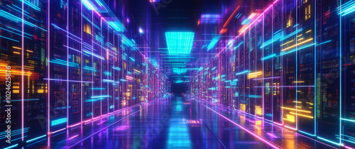 abstract 3D rendering of a neon-glowing futuristic city street with digital holograms 