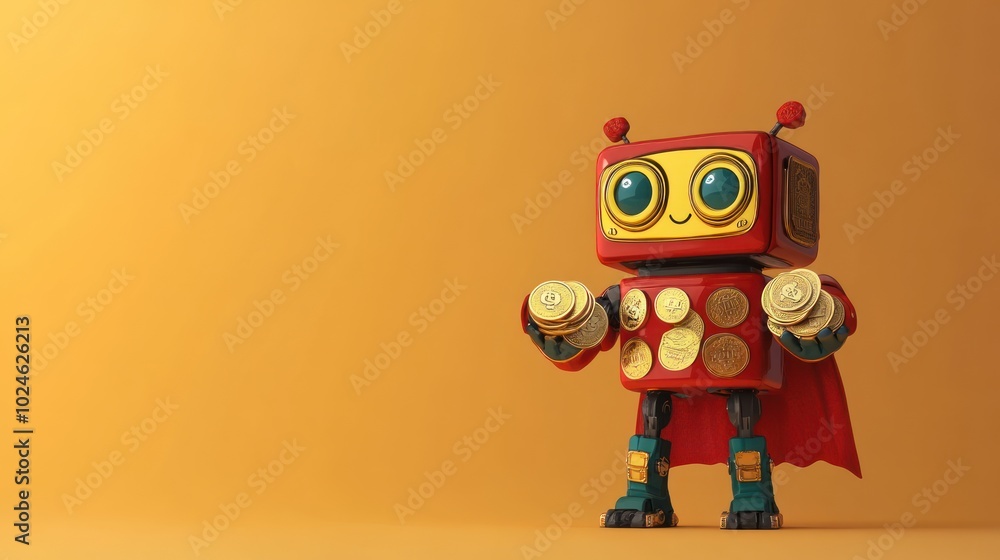 A cute red robot with a cape holds golden coins in its hands. A cute red robot with a cape holds golden coins in its hands.