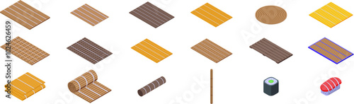 Bamboo mat icons set. Different types of bamboo mats used in japanese cuisine, for rolling sushi and serving food