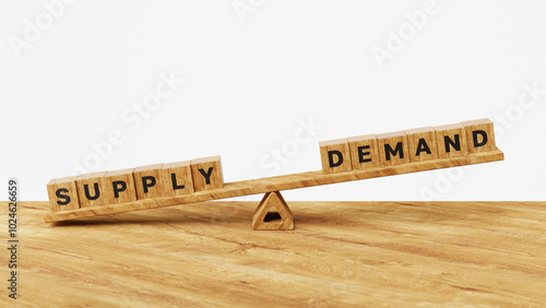 High supply and low demand concept. Business competition, supply chain, market situation, world economic, cost and retail, 3D supply vs demand on balance scale