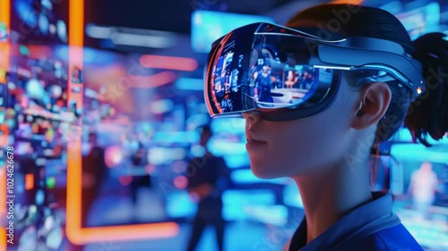 A person wearing futuristic VR goggles in a vibrant, tech-inspired environment.