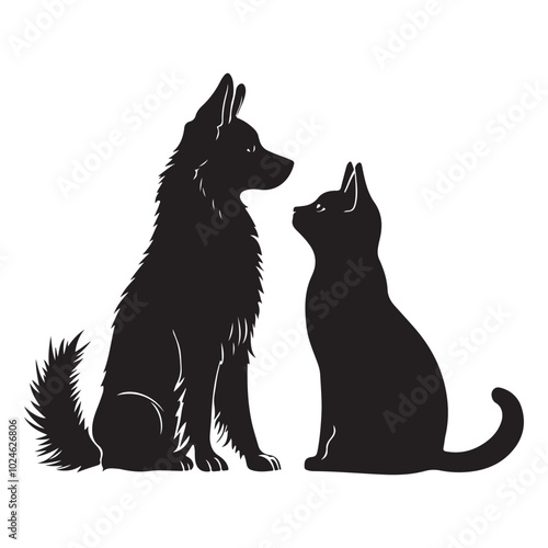 Dog and Cat silhouette. Friendship between pets, love for pets and caring for them