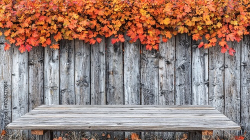 Rustic Wooden Tabletop With Autumn Leaves Background Fall Season Product Display Mocku photo