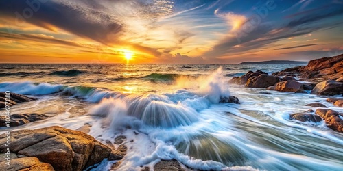 Smooth waves crashing over a rocky sunset shore