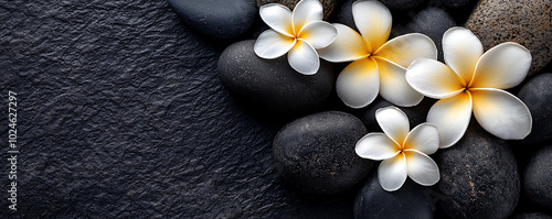 A serene image of two white and yellow frangipani flowers resting on smooth black stones