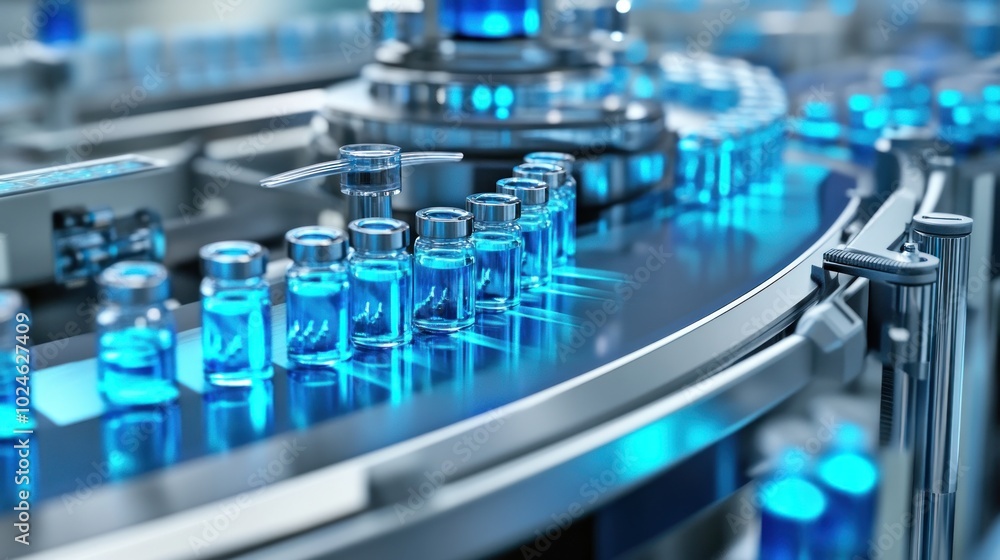 A close-up view of glass vials on a conveyor belt in a pharmaceutical manufacturing setting. A close-up view of glass vials on a conveyor belt in a pharmaceutical manufacturing setting.