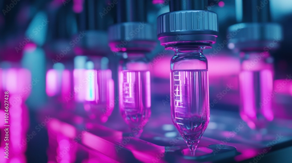 Close-up of laboratory vials illuminated with pink and blue light, indicating scientific research. Close-up of laboratory vials illuminated with pink and blue light, indicating scientific research.