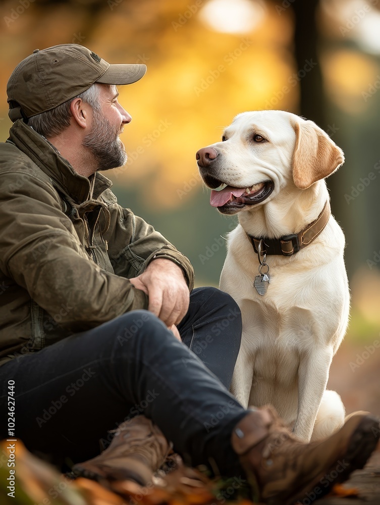 A man enjoys a peaceful moment with his yellow Labrador dog in a sunlit autumn forest A man enjoys a peaceful moment with his yellow Labrador dog in a sunlit autumn forest