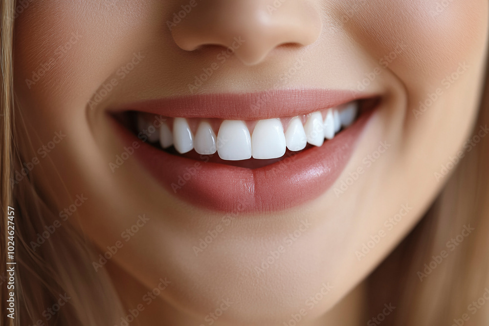 Fototapeta premium Close-up of a woman's smile showing white teeth and glossy lips