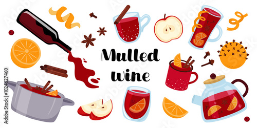 Mulled wine set of elements. Christmas punch in various cups and glasses. Hot red wine with fruit and spice collection.