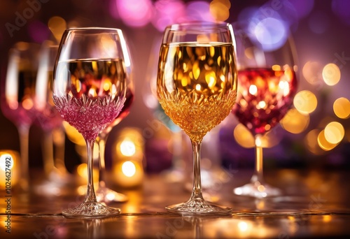 vibrant wine glasses displayed soft bokeh backdrop creating colorful inviting visual environment, blur, drink, table, light, reflection, ceramic, decor