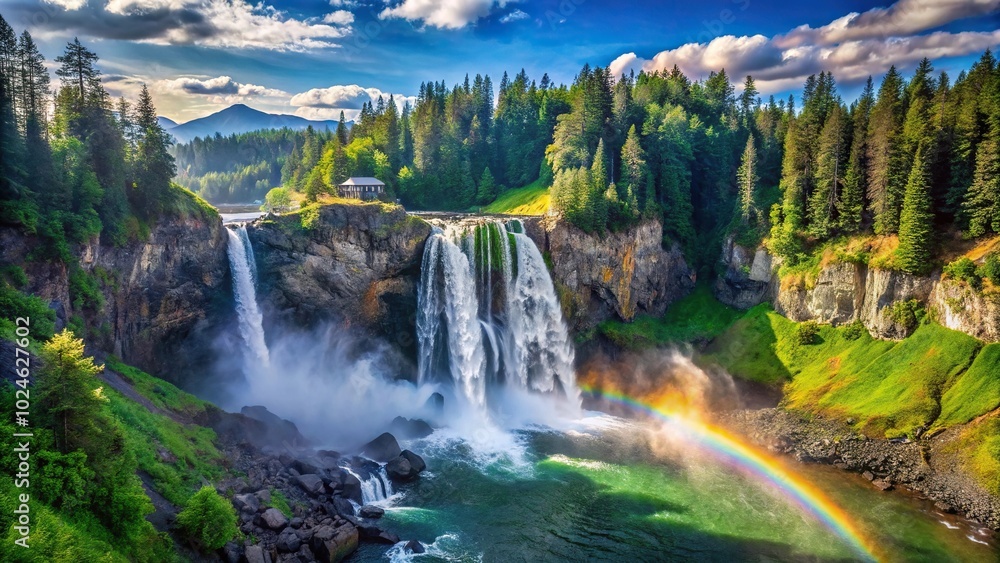 Fototapeta premium Snoqualmie Falls panorama landscape with trees, rainbow, silhouette