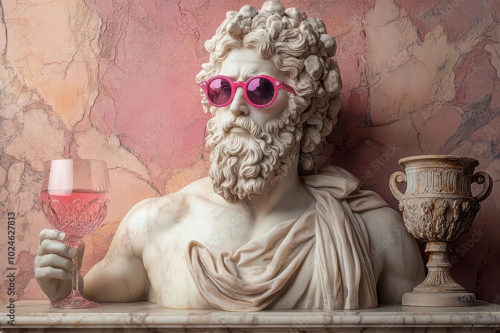 whimsical greek god portrait dionysus with modern twist neon pink sunglasses iridescent wine goblet marble texture pop art influence